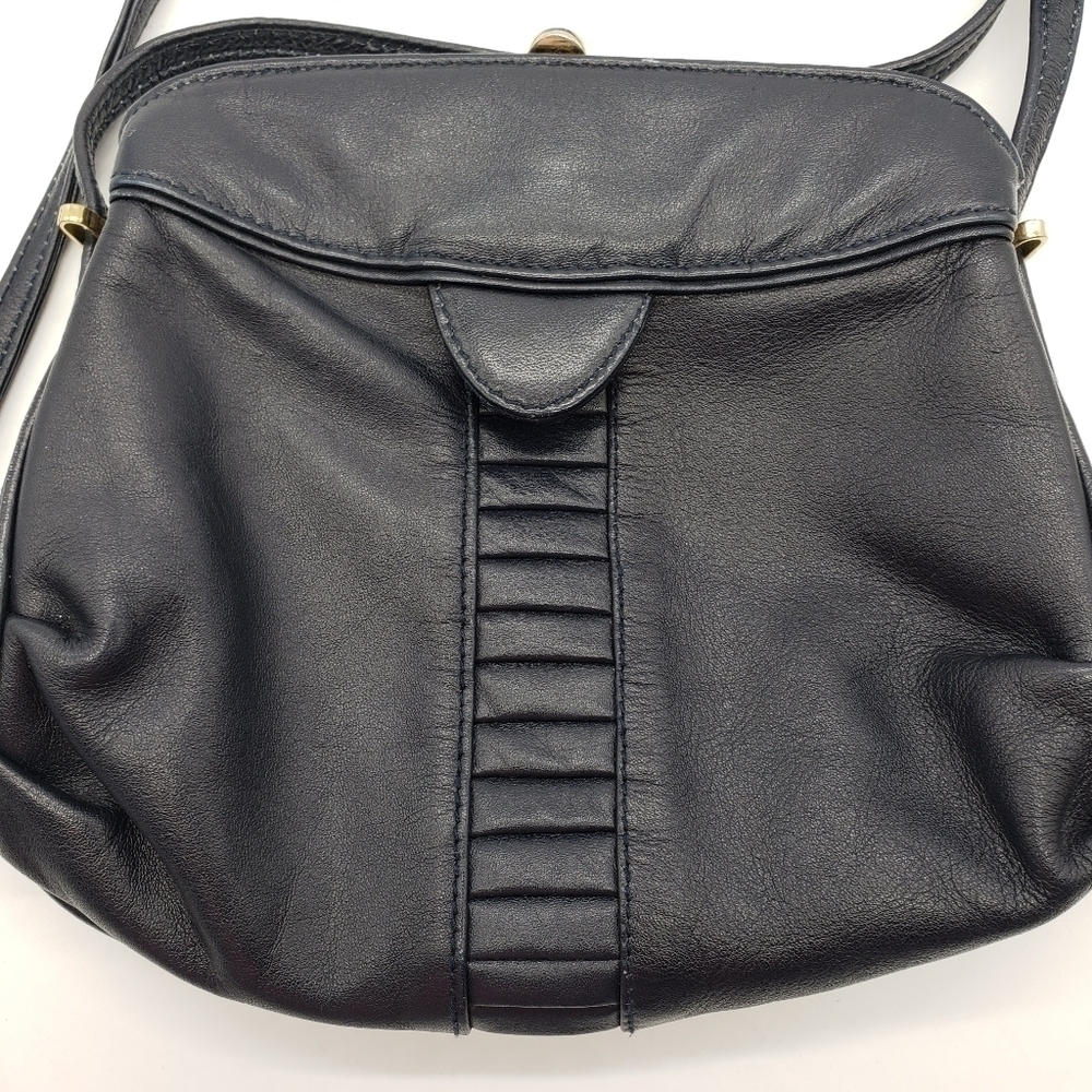 VINTAGE women dark navy blue bag crossbody soft leather 3 compartments lined - Picture 2 of 14